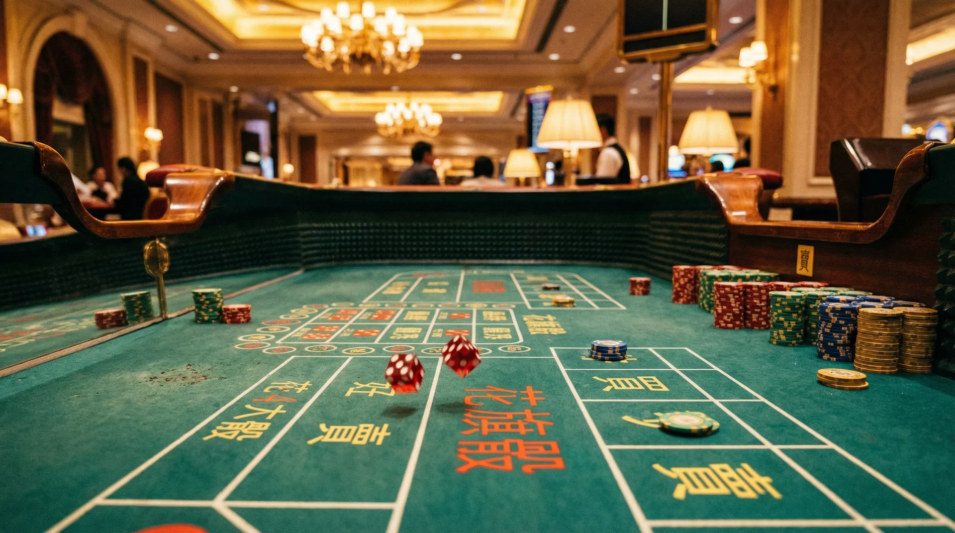 花旗骰游戏桌上骰子翻滚的精彩瞬间